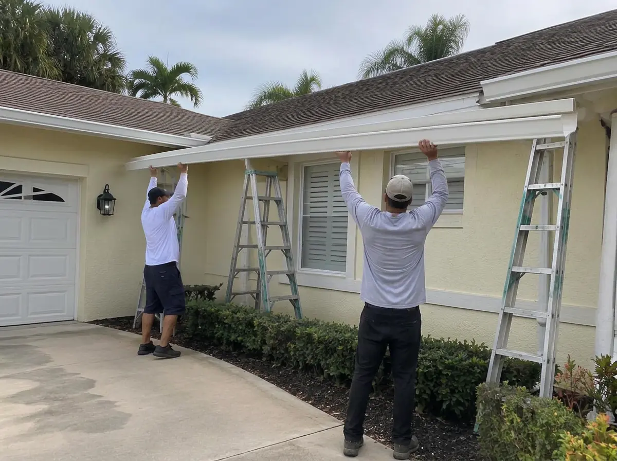 Two installers lifting a new white gutter section into place on a Florida ranch home