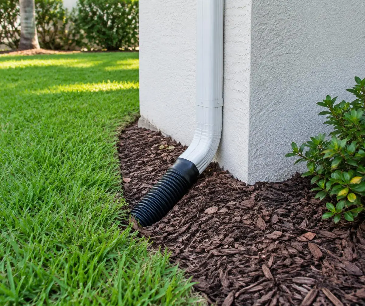 Downspout connected to an underground drain pipe in a landscaped Florida yard