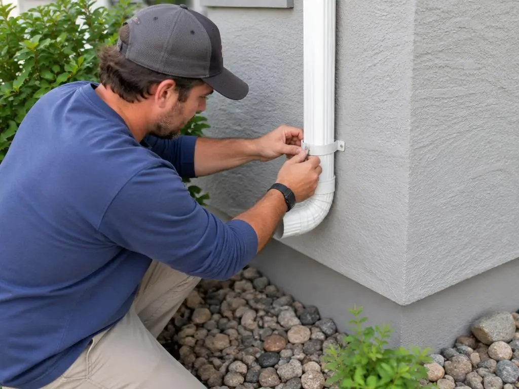 Technician reattaching a white downspout to a stucco wall with a strap