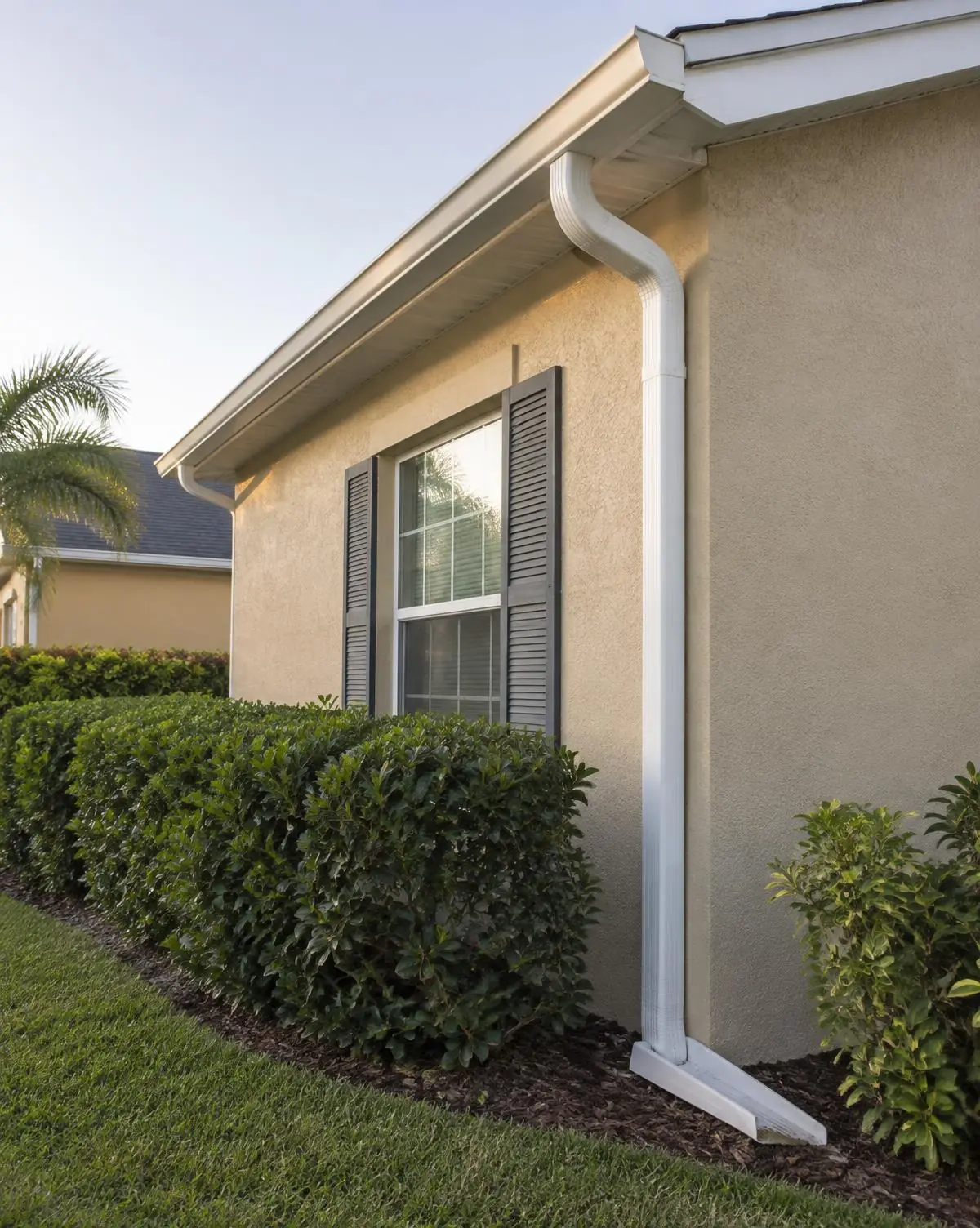 Finished white gutter and downspout work on a tan stucco Florida home