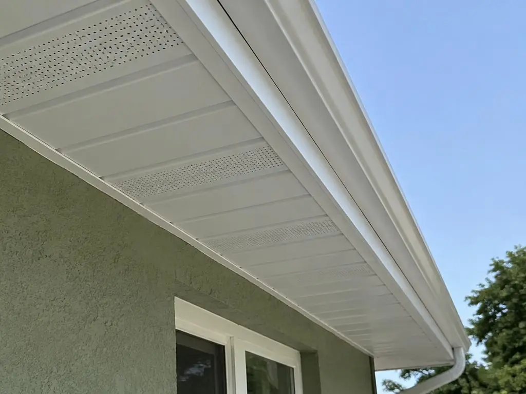 Finished white vented soffit and fascia along the eave of a stucco home
