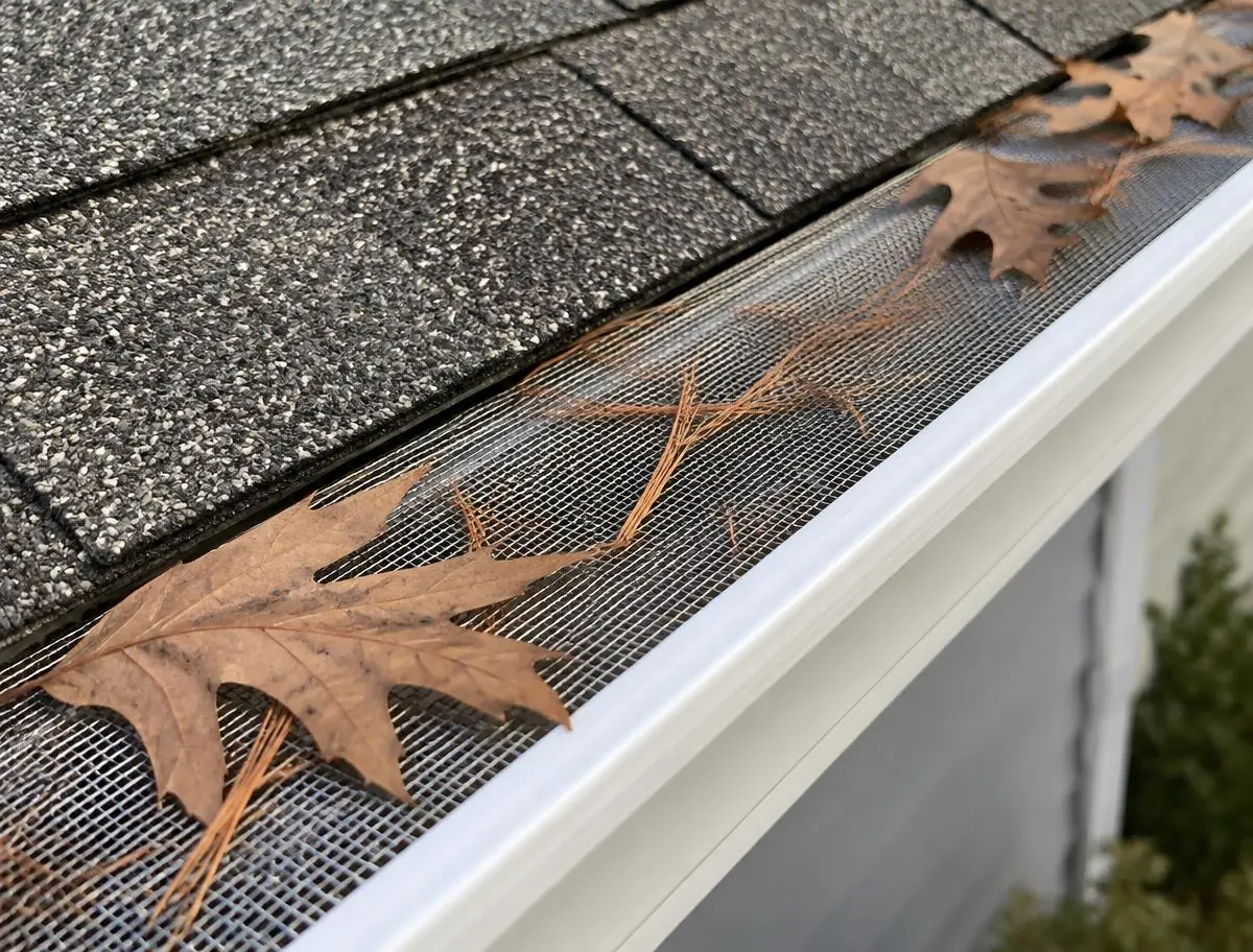Mesh gutter guard with oak leaves and pine needles resting on top