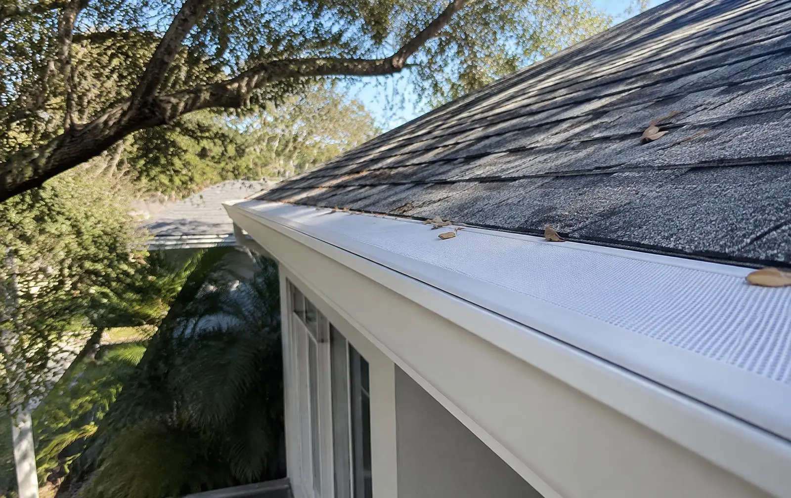 Gutter guard system on a white gutter along a residential roofline under an oak tree