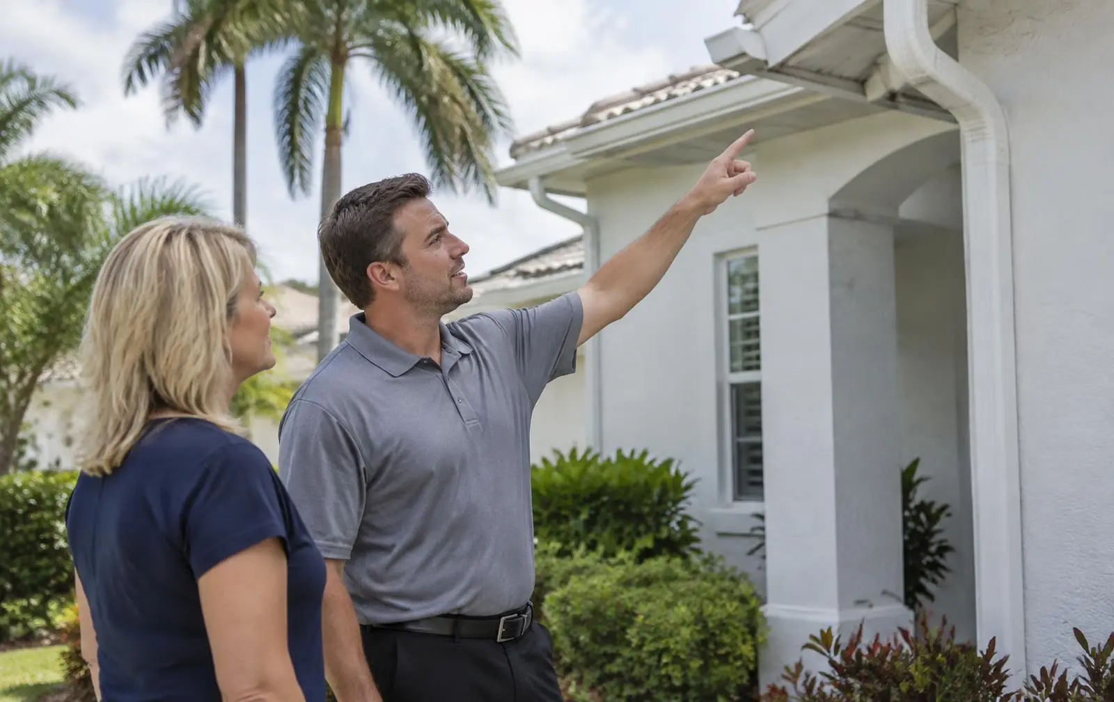 Gutter technician reviewing gutters with a homeowner in Ocala, FL