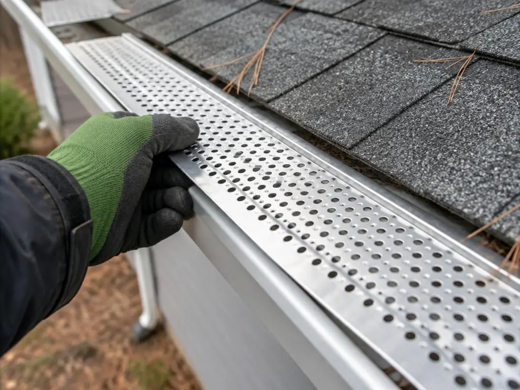 Perforated gutter guard panel being placed on a white gutter