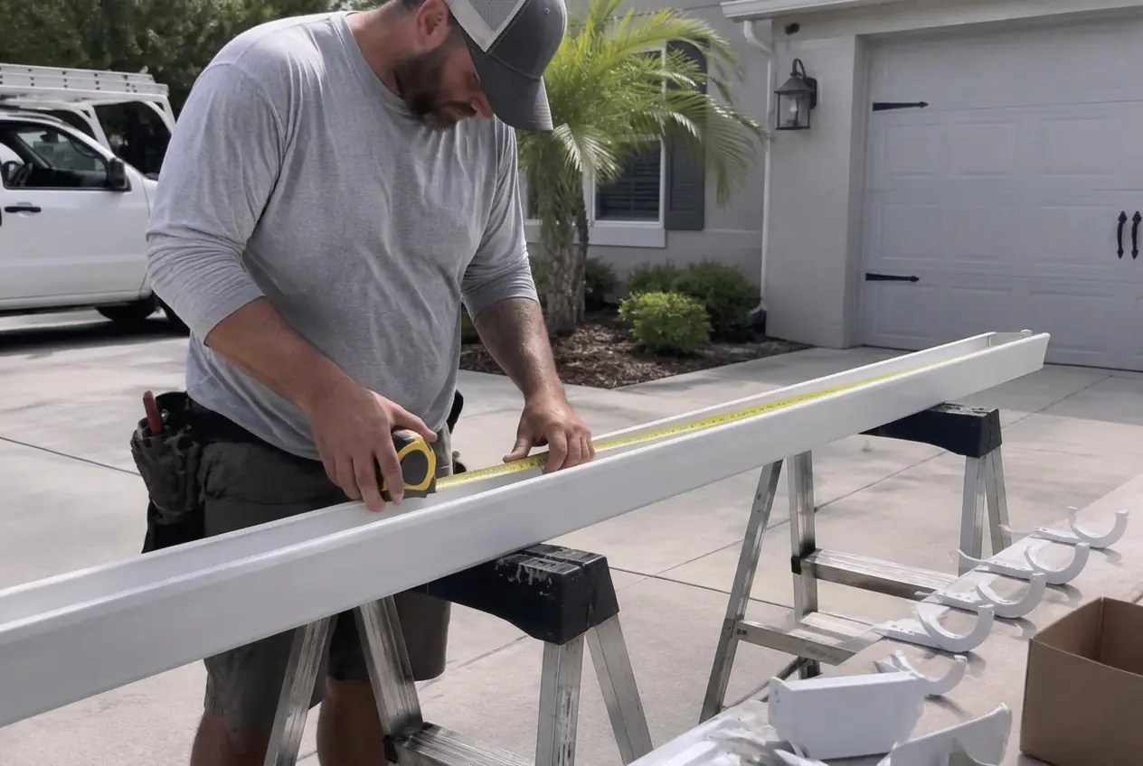 Installer measuring a new white gutter section on sawhorses before installation