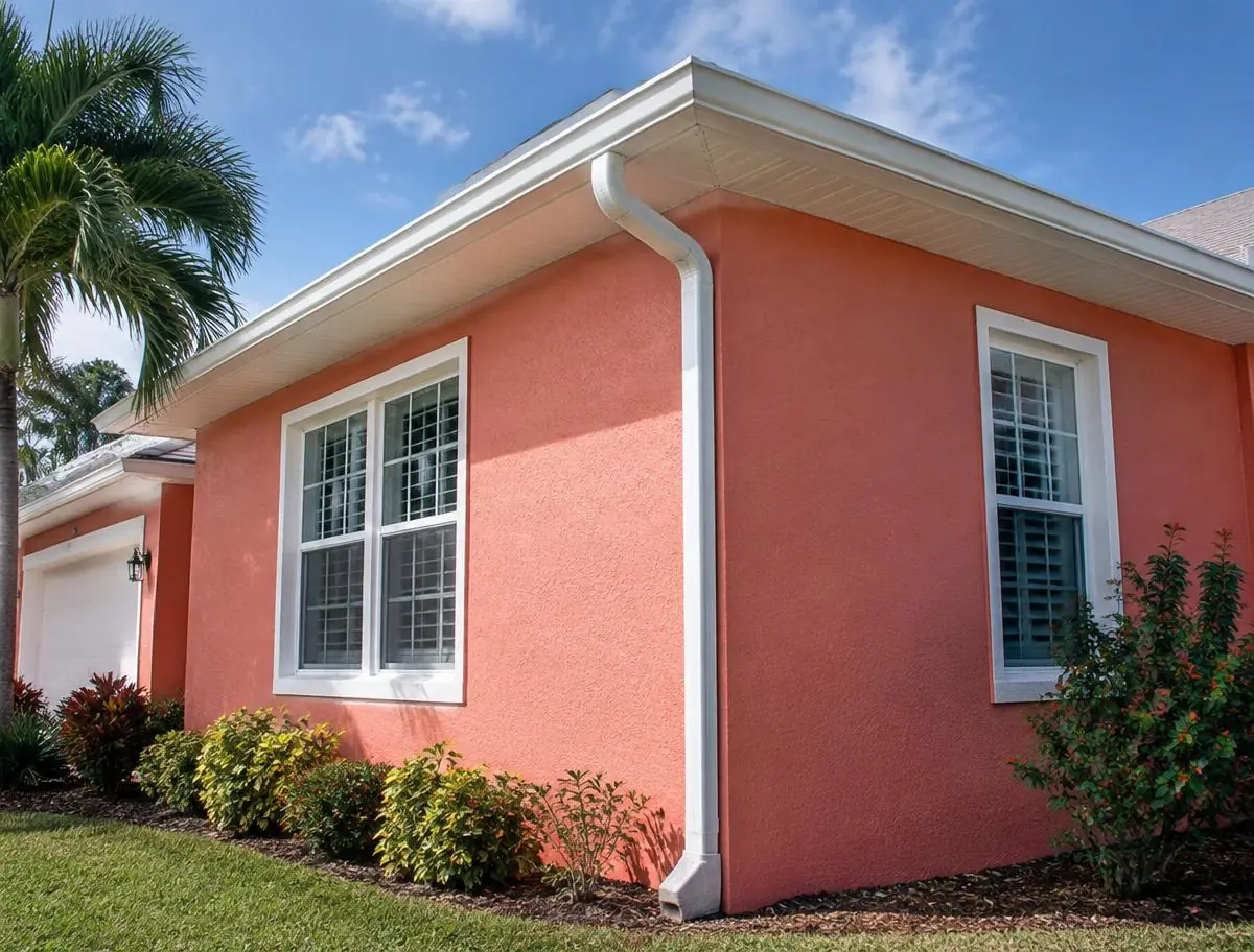 New white replacement gutters and downspout on a coral stucco Florida home