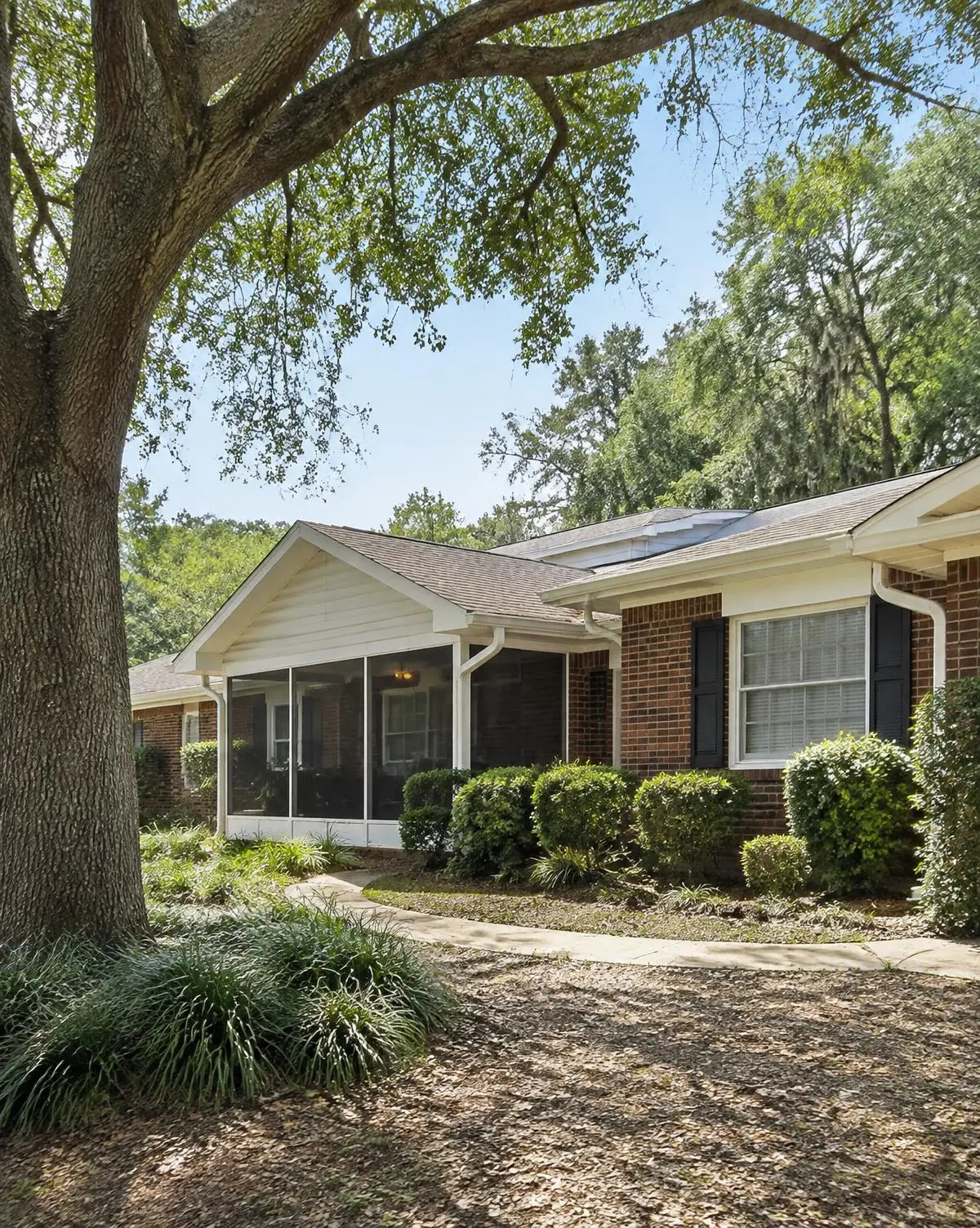 Illustrative image of an Ocala ranch home with white gutters under a large oak tree