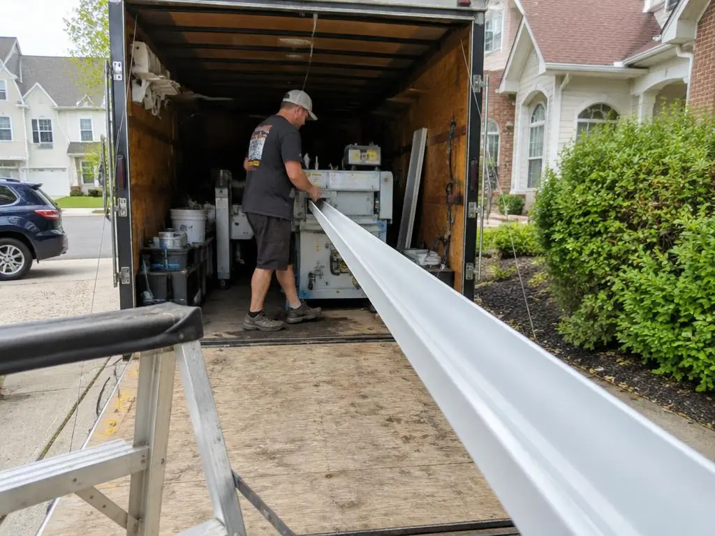 Seamless gutter machine forming a continuous white gutter on site