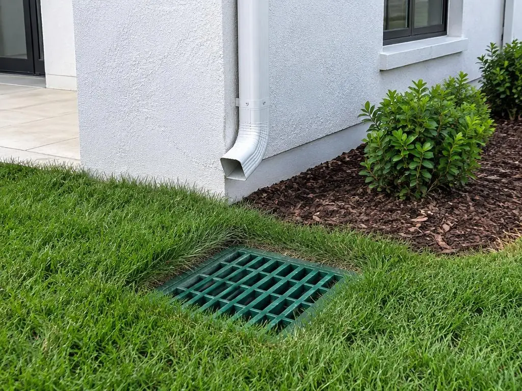 Yard catch basin grate near a downspout for underground drainage